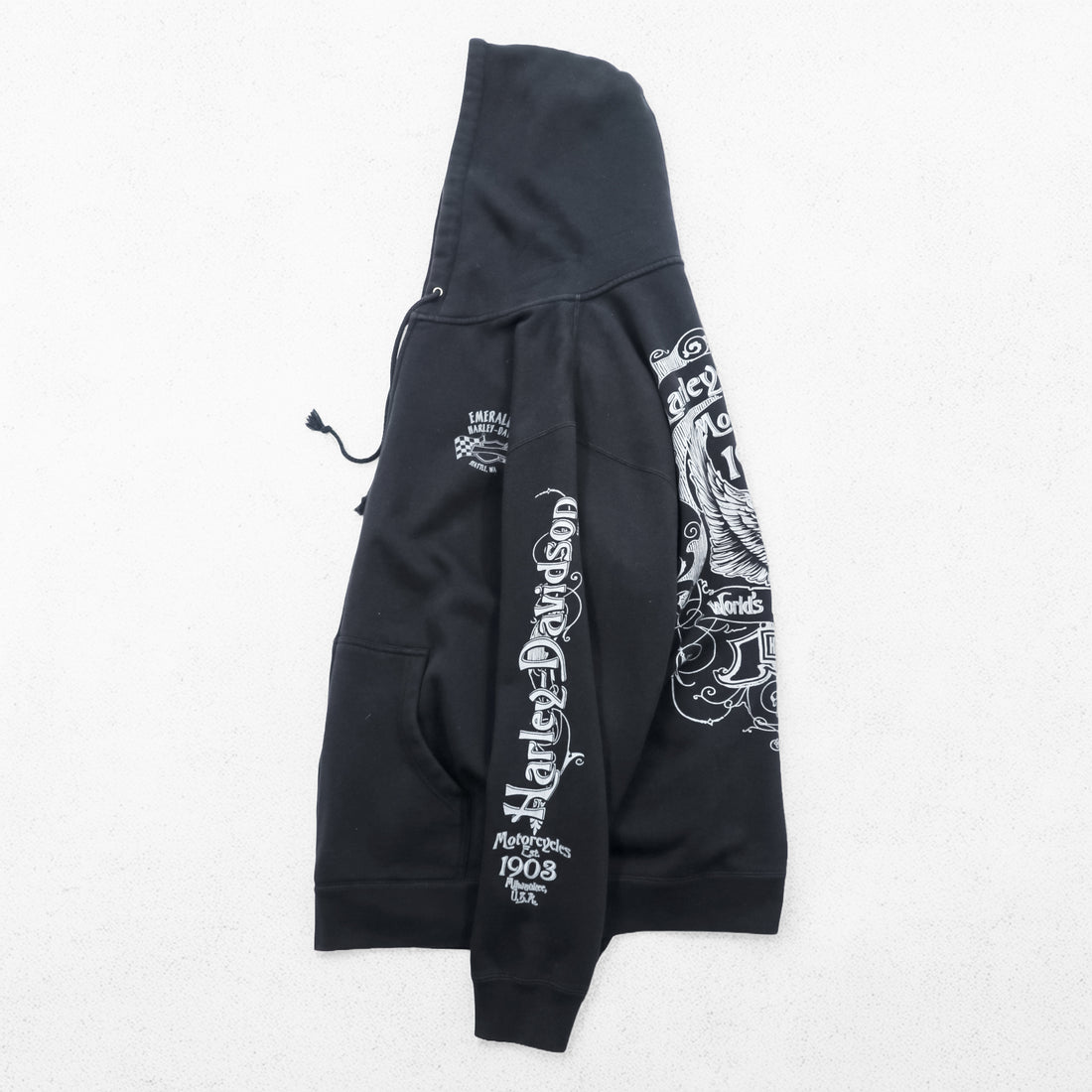HARLEY DAVIDSON ジップパーカー L ブラック スリーブ プリント バックロゴ Bravado製 EMERALD CITY