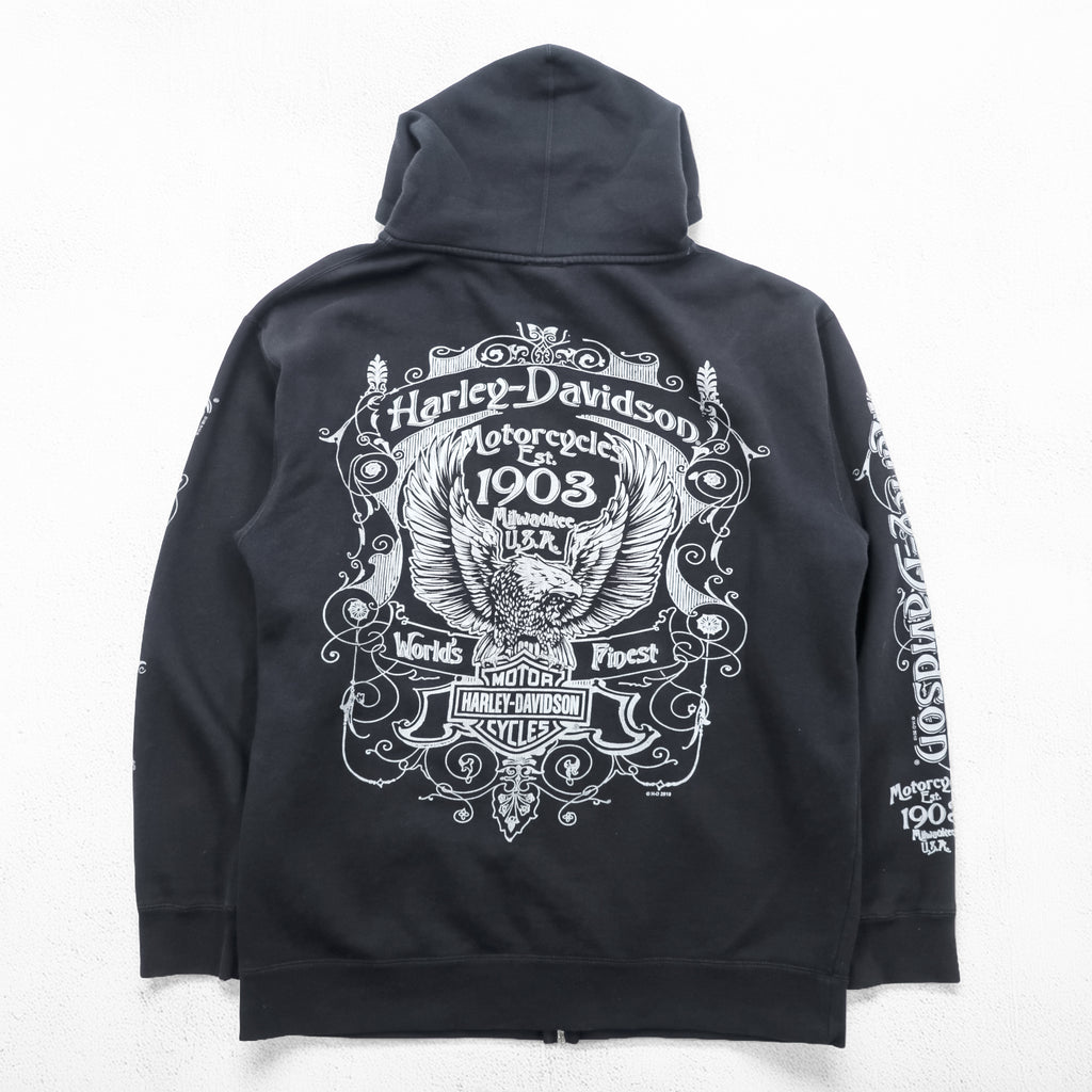 HARLEY DAVIDSON ジップパーカー L ブラック スリーブ プリント バックロゴ Bravado製 EMERALD CITY