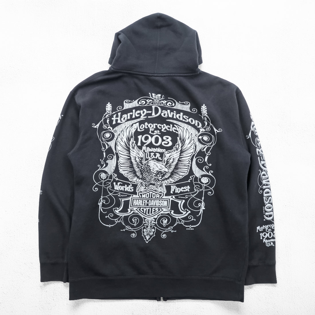 HARLEY DAVIDSON ジップパーカー L ブラック スリーブ プリント バックロゴ Bravado製 EMERALD CITY