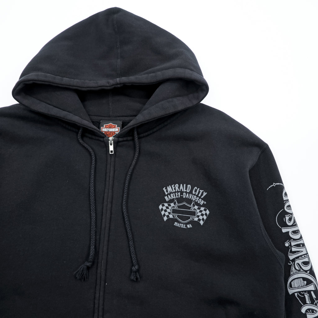 HARLEY DAVIDSON ジップパーカー L ブラック スリーブ プリント バックロゴ Bravado製 EMERALD CITY