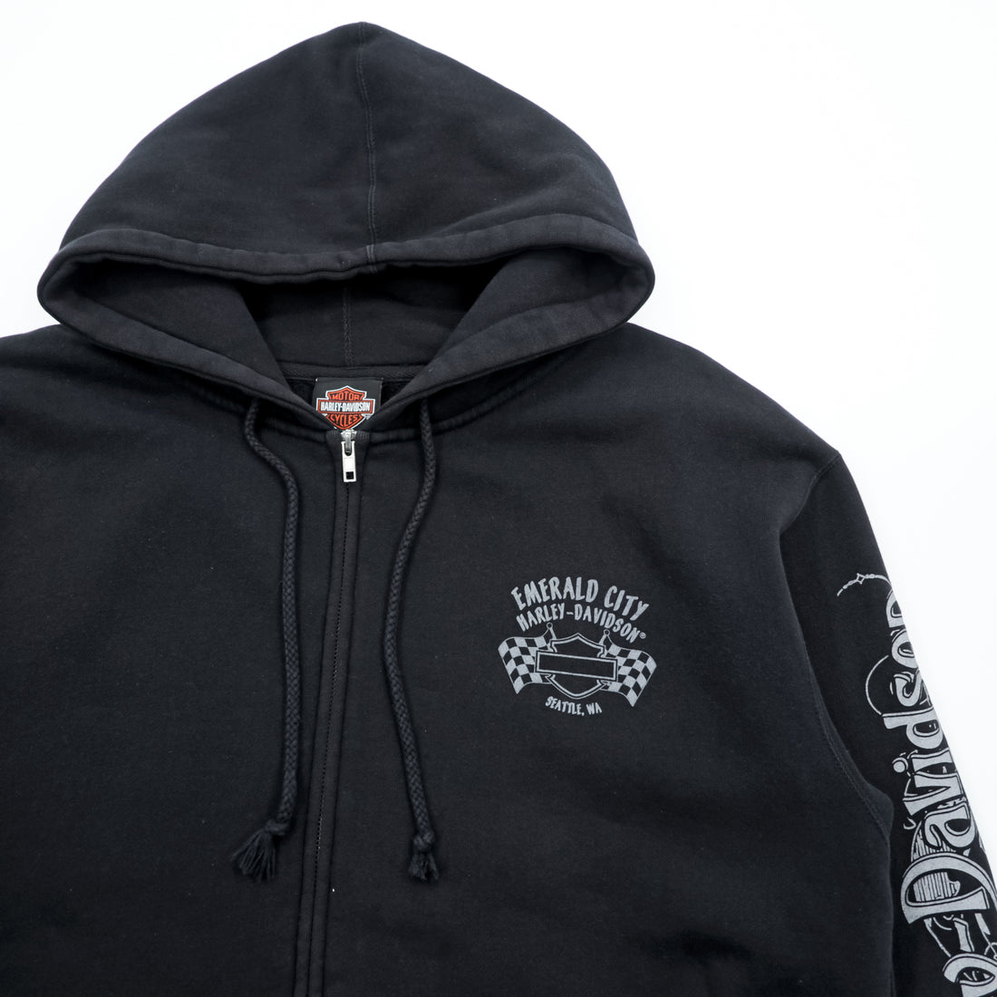 HARLEY DAVIDSON ジップパーカー L ブラック スリーブ プリント バックロゴ Bravado製 EMERALD CITY