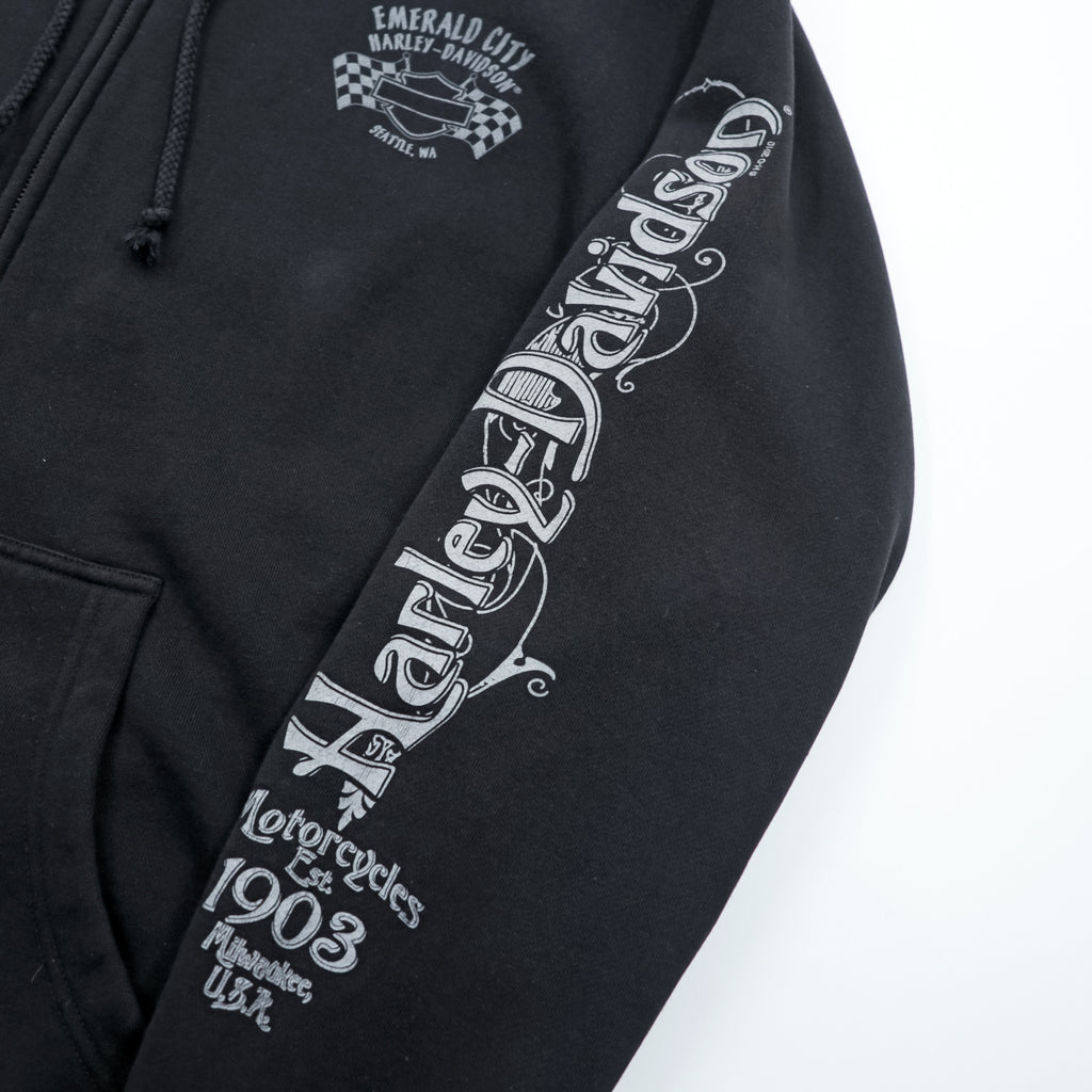 HARLEY DAVIDSON ジップパーカー L ブラック スリーブ プリント バックロゴ Bravado製 EMERALD CITY