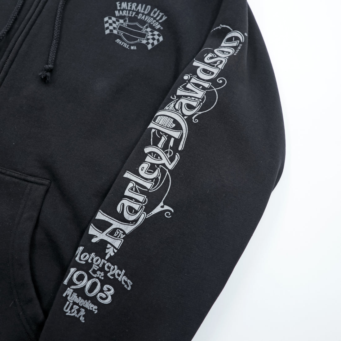 HARLEY DAVIDSON ジップパーカー L ブラック スリーブ プリント バックロゴ Bravado製 EMERALD CITY