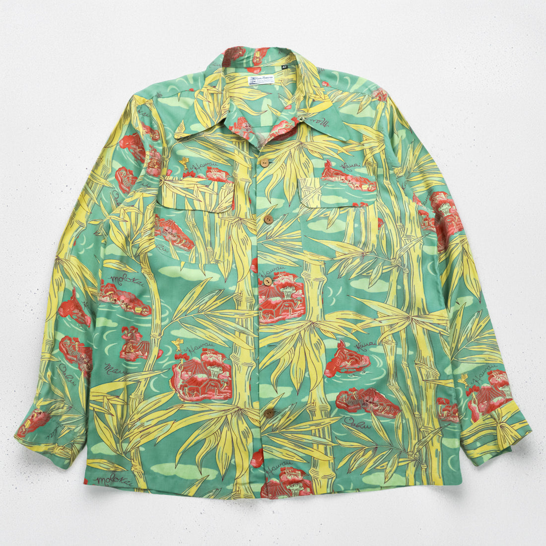 50年代 ヴィンテージ ROYAL HAWAIIAN 長袖 ハワイアン アロハシャツ XL グリーン イエロー フラップ 胸ポケット 開襟 オープンカラー 総柄 竹
