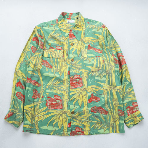 50s Vintage Royal Hawaiian Rayon Hawaiian Shirt Green Yellow XL Open Collar Bamboo