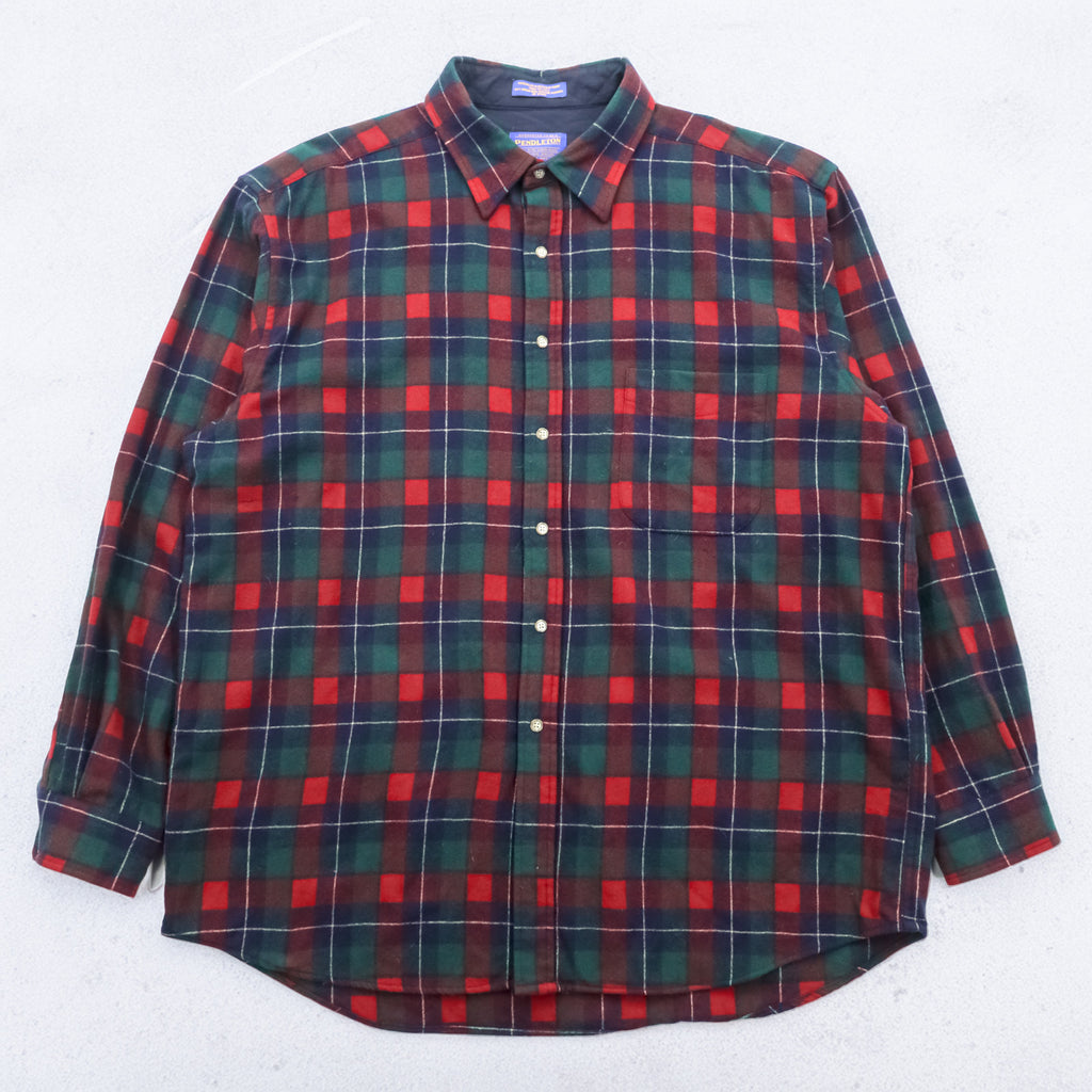 PENDLETON フランネルシャツ 長袖 ウールシャツ XL チェック レッド グリーン 胸ポケット VIRGIN WOOL
