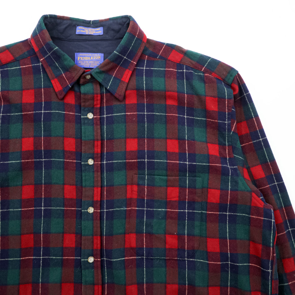 PENDLETON フランネルシャツ 長袖 ウールシャツ XL チェック レッド グリーン 胸ポケット VIRGIN WOOL