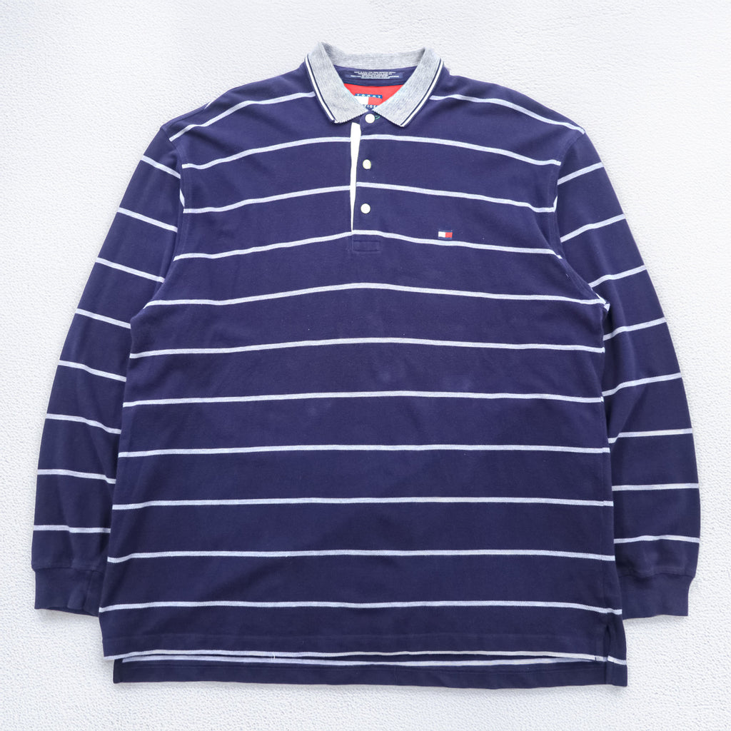 TOMMY HILFIGER 90s USA-Made Long-Sleeve Polo Shirt Rugby Shirt XL~ Striped Navy
