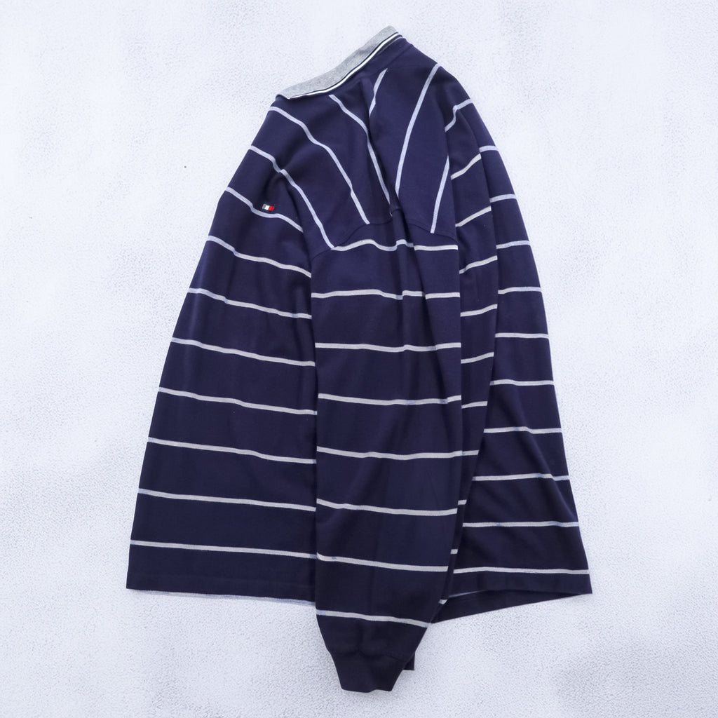 TOMMY HILFIGER 90s USA-Made Long-Sleeve Polo Shirt Rugby Shirt XL~ Striped Navy