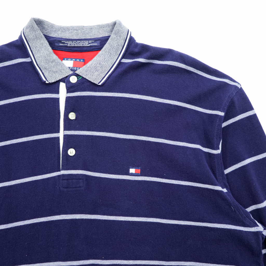 TOMMY HILFIGER 90s USA-Made Long-Sleeve Polo Shirt Rugby Shirt XL~ Striped Navy