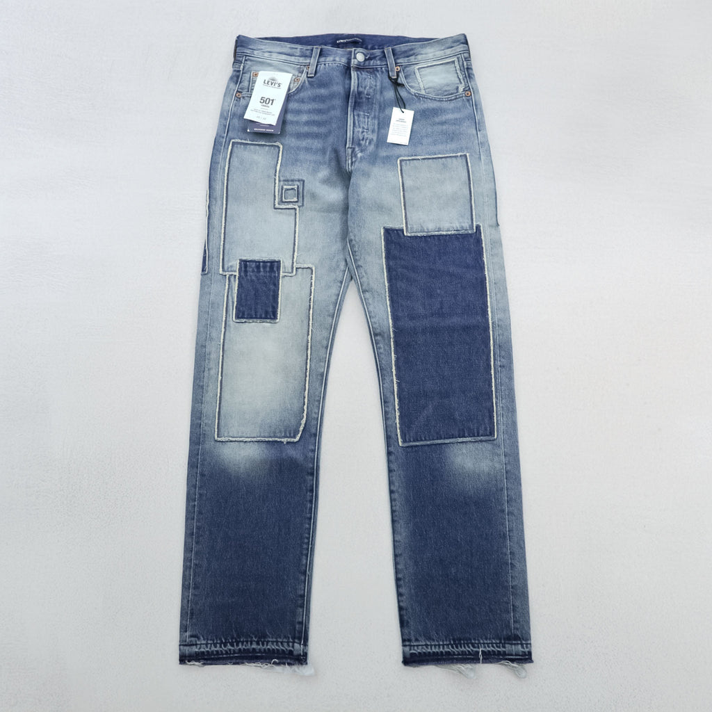 LEVI'S MADE&CRAFTED 80's 501 HAIGHT Selvedge Patchwork Big E Leather Patch Blue Denim Jeans L Unused A2231-0009