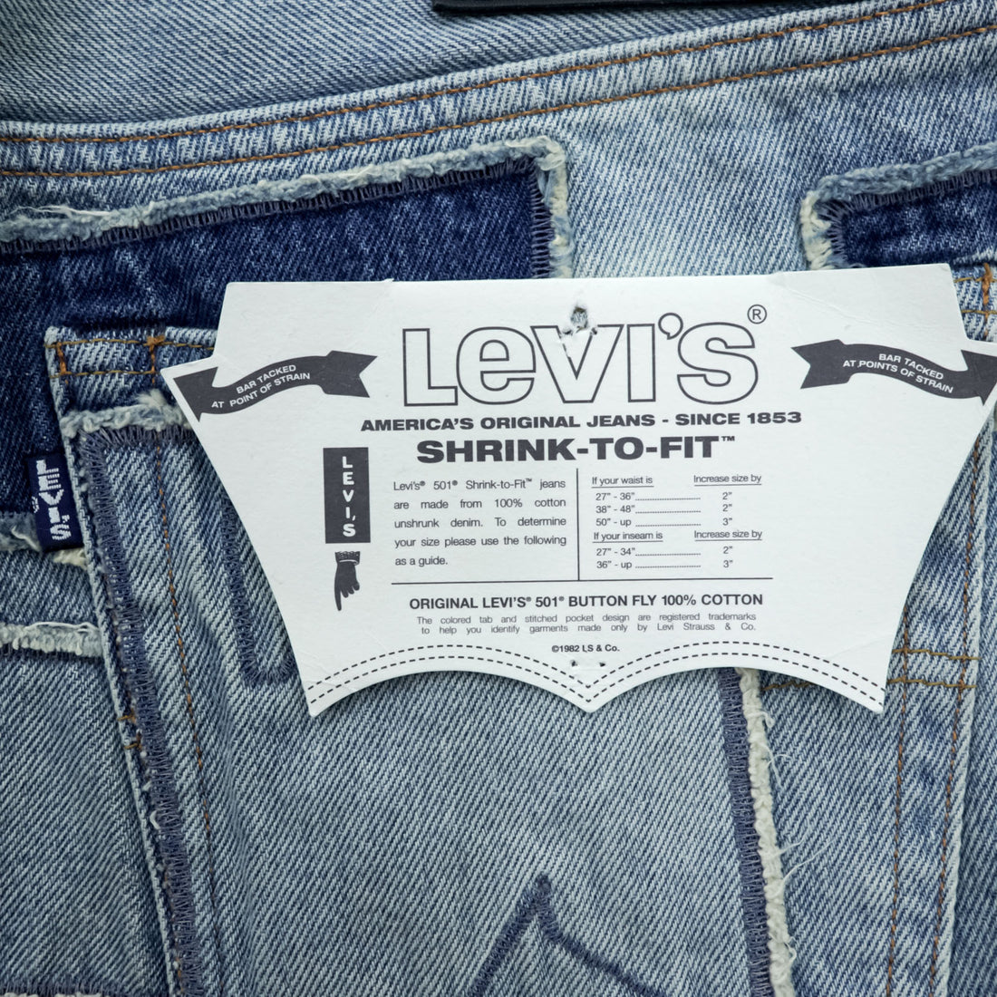 LEVI'S MADE&CRAFTED 80's 501 HAIGHT Selvedge Patchwork Big E Leather Patch Blue Denim Jeans L Unused A2231-0009