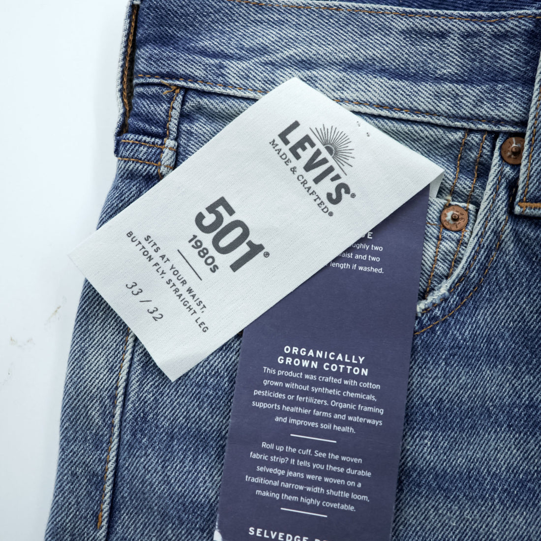 LEVI'S MADE&CRAFTED 80's 501 HAIGHT Selvedge Patchwork Big E Leather Patch Blue Denim Jeans L Unused A2231-0009
