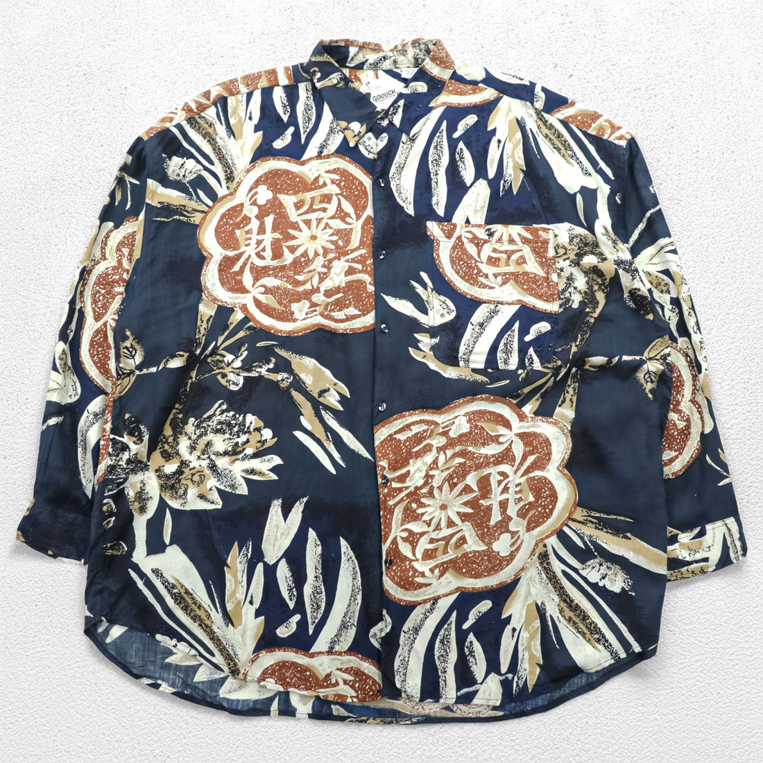 Vintage 90s patterned shirt, size XL and up, navy, brown, GOOUCH