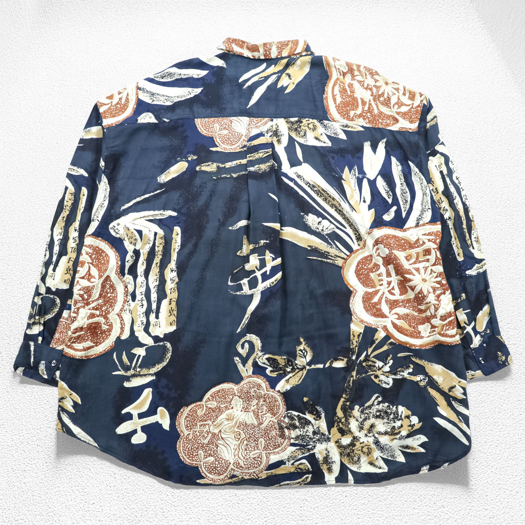 Vintage 90s patterned shirt, size XL and up, navy, brown, GOOUCH