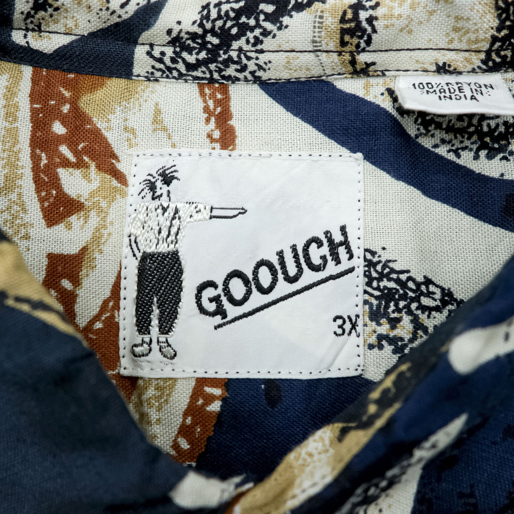 Vintage 90s patterned shirt, size XL and up, navy, brown, GOOUCH