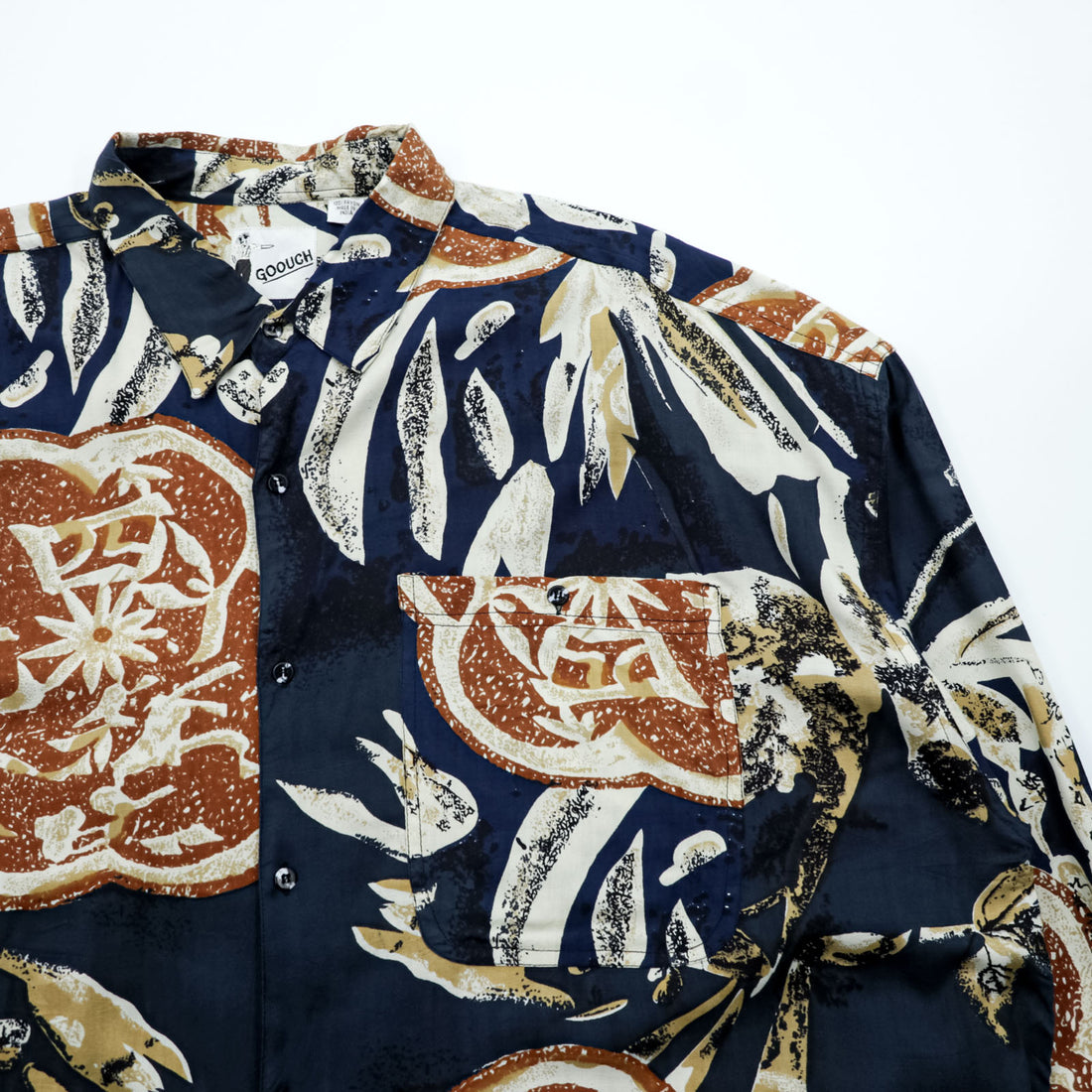 Vintage 90s patterned shirt, size XL and up, navy, brown, GOOUCH