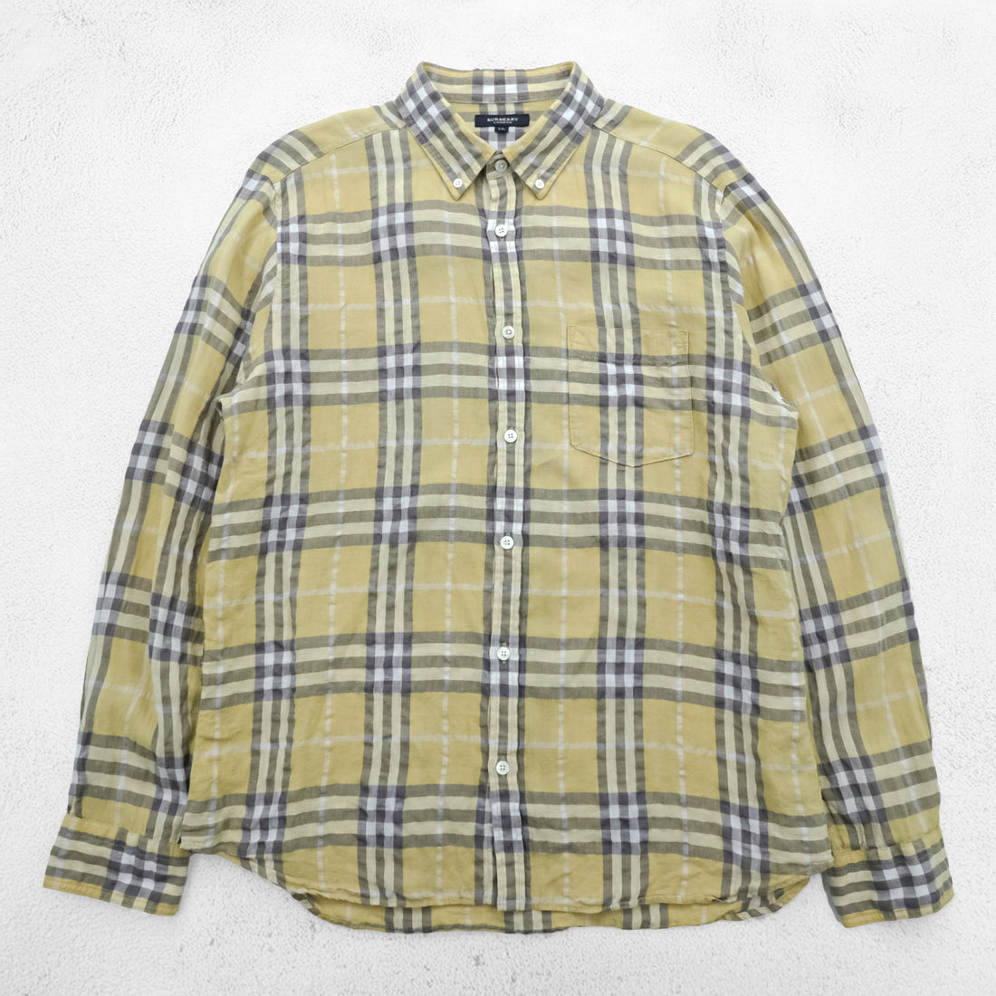 Burberry London Linen Shirt Mens XL LL Yellow Check Sanyo Shokai Button Down Made in Vietnam