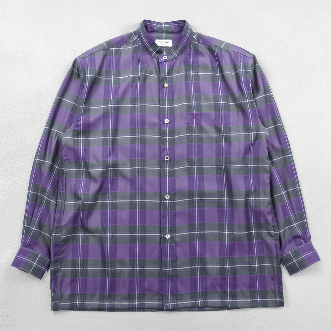 CELINE 90s Japan Made Band Collar Shirt M Checked One-Point Logo Embroidery Gray/Purple Vintage