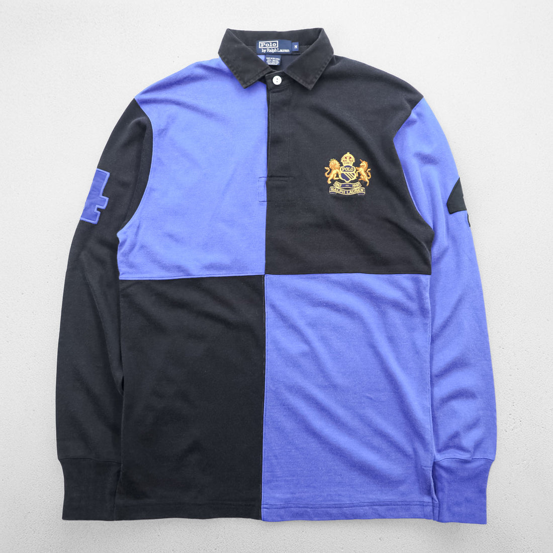 Polo Ralph Lauren 90s Long-Sleeve Polo Shirt Rugby Shirt M Black/Blue Emblem Logo Numbering