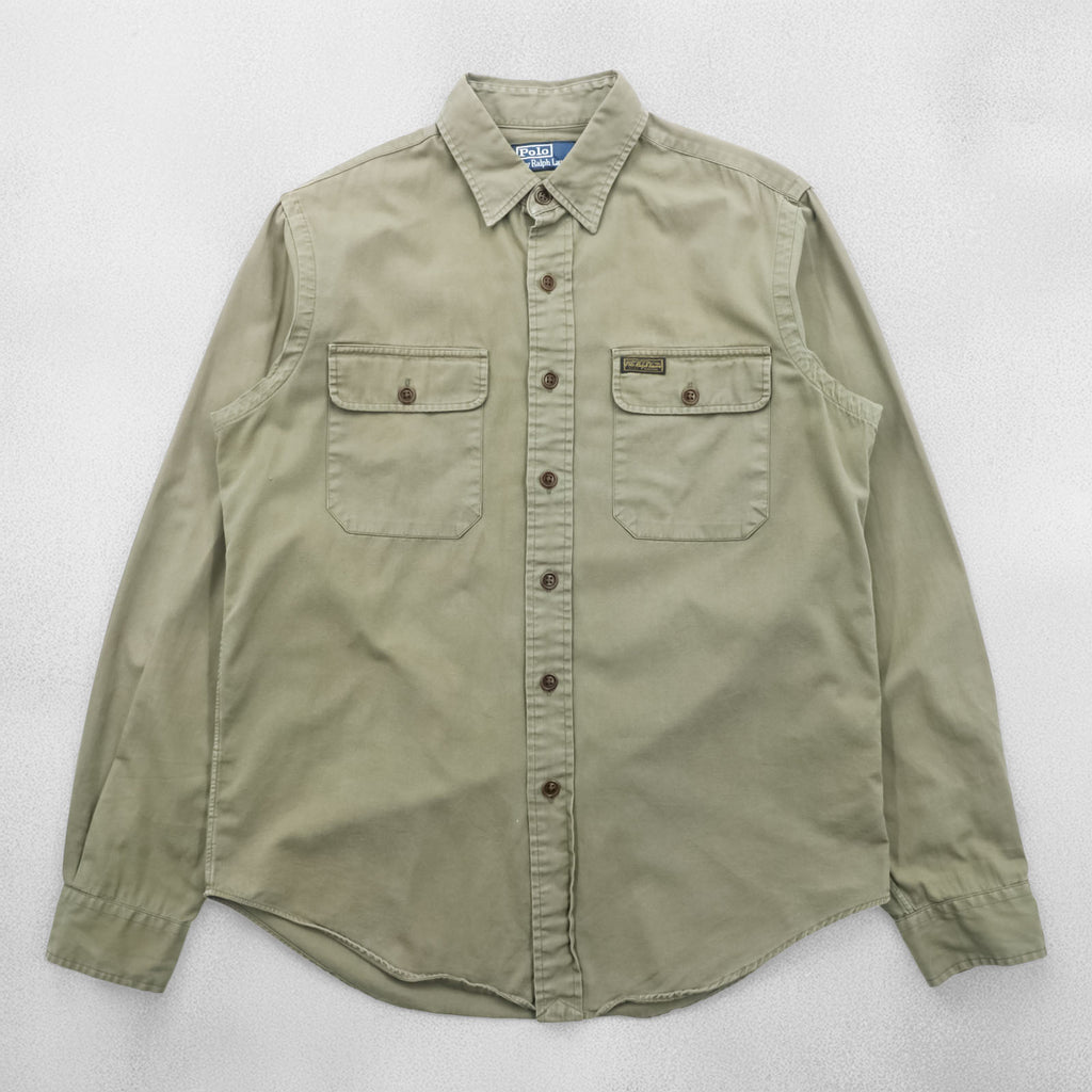 Vintage 90s Polo Ralph Lauren Military Work Shirt Men's M Olive Drab Utility Cotton RLPC Patch