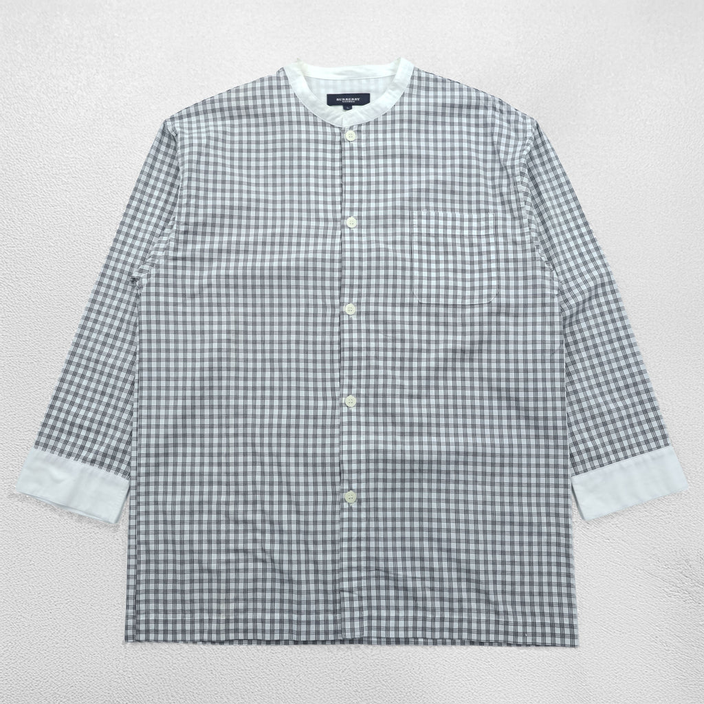 BURBERRY LONDON 90年代 バンドカラー ノバチェックシャツ L ブルー ボックスシルエット 日本製