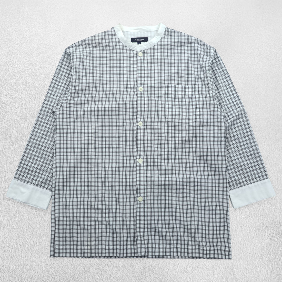 BURBERRY 90s Japan Made Band Collar Checked Shirt L White, Blue, Black