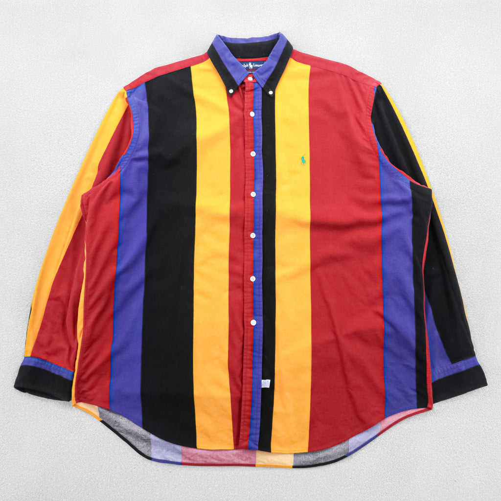Vintage 90s Ralph Lauren Multi Color Bold Stripe Shirt XL Made in Singapore Polo BD Cotton