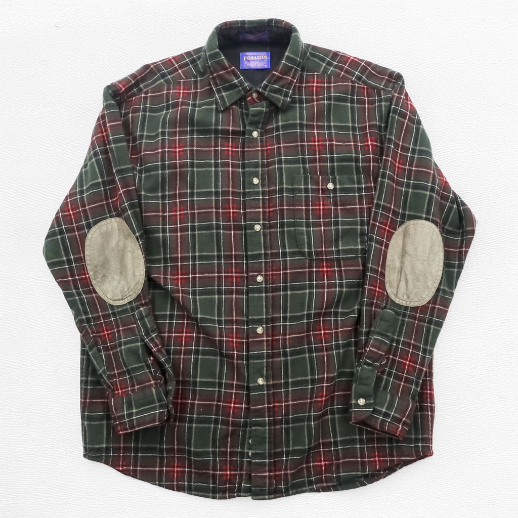 PENDLETON Flannel Shirt L Checked Green, Red Elbow Patch