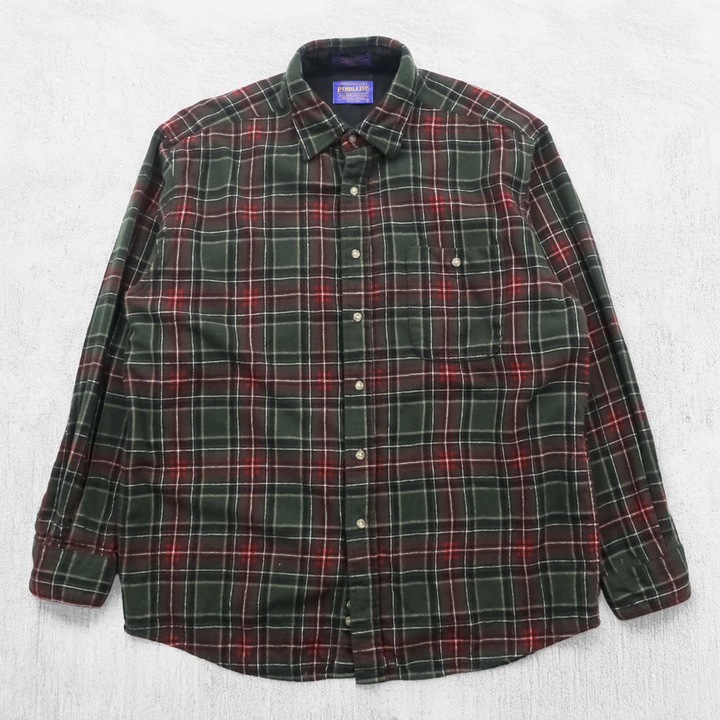 PENDLETON Flannel Shirt L Checked Green, Red Elbow Patch