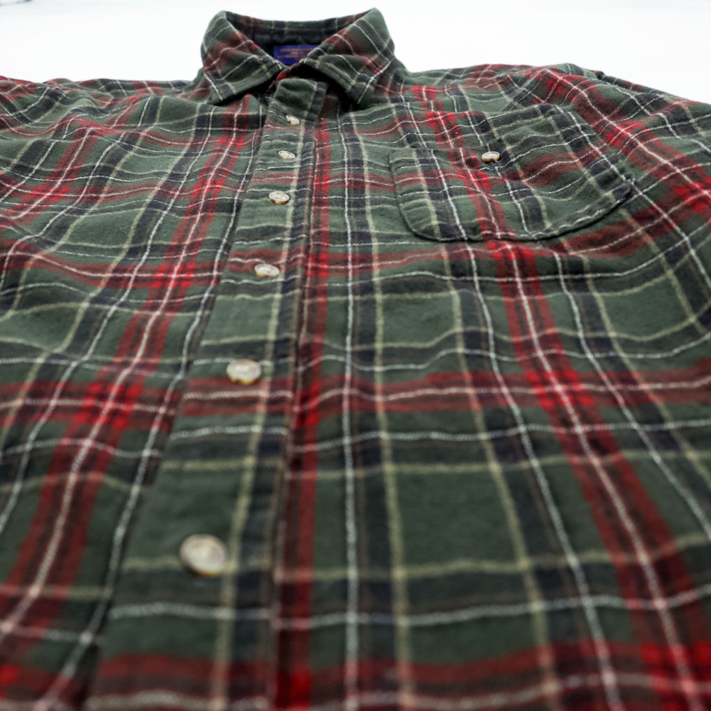 PENDLETON Flannel Shirt L Checked Green, Red Elbow Patch