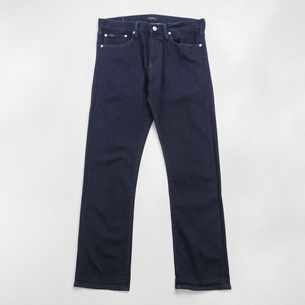 Polo Ralph Lauren Dark Indigo Denim Jeans 32x30 Straight Slim Black Leather Patch