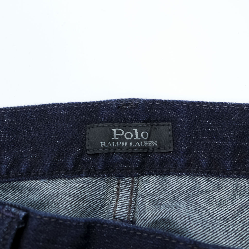 Polo Ralph Lauren Dark Indigo Denim Jeans 32x30 Straight Slim Black Leather Patch