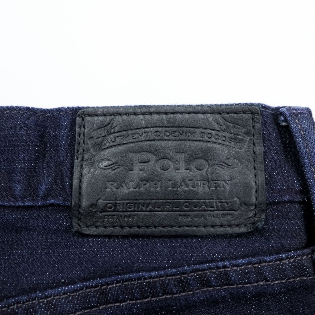 Polo Ralph Lauren Dark Indigo Denim Jeans 32x30 Straight Slim Black Leather Patch