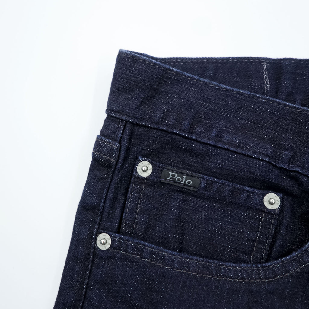 Polo Ralph Lauren Dark Indigo Denim Jeans 32x30 Straight Slim Black Leather Patch