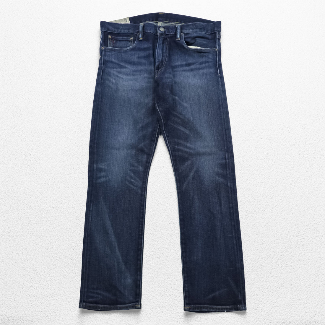 Polo Ralph Lauren Vintage Distressed Straight Denim Jeans L Stretch Indigo Blue Leather Patch VARICK SLIM STRAIGHT