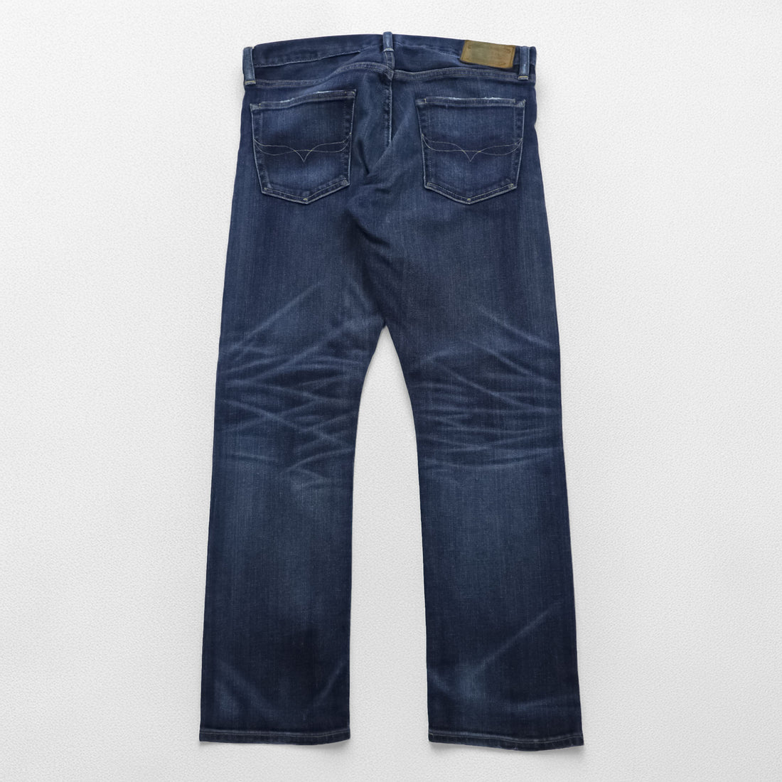 Polo Ralph Lauren Vintage Distressed Straight Denim Jeans L Stretch Indigo Blue Leather Patch VARICK SLIM STRAIGHT
