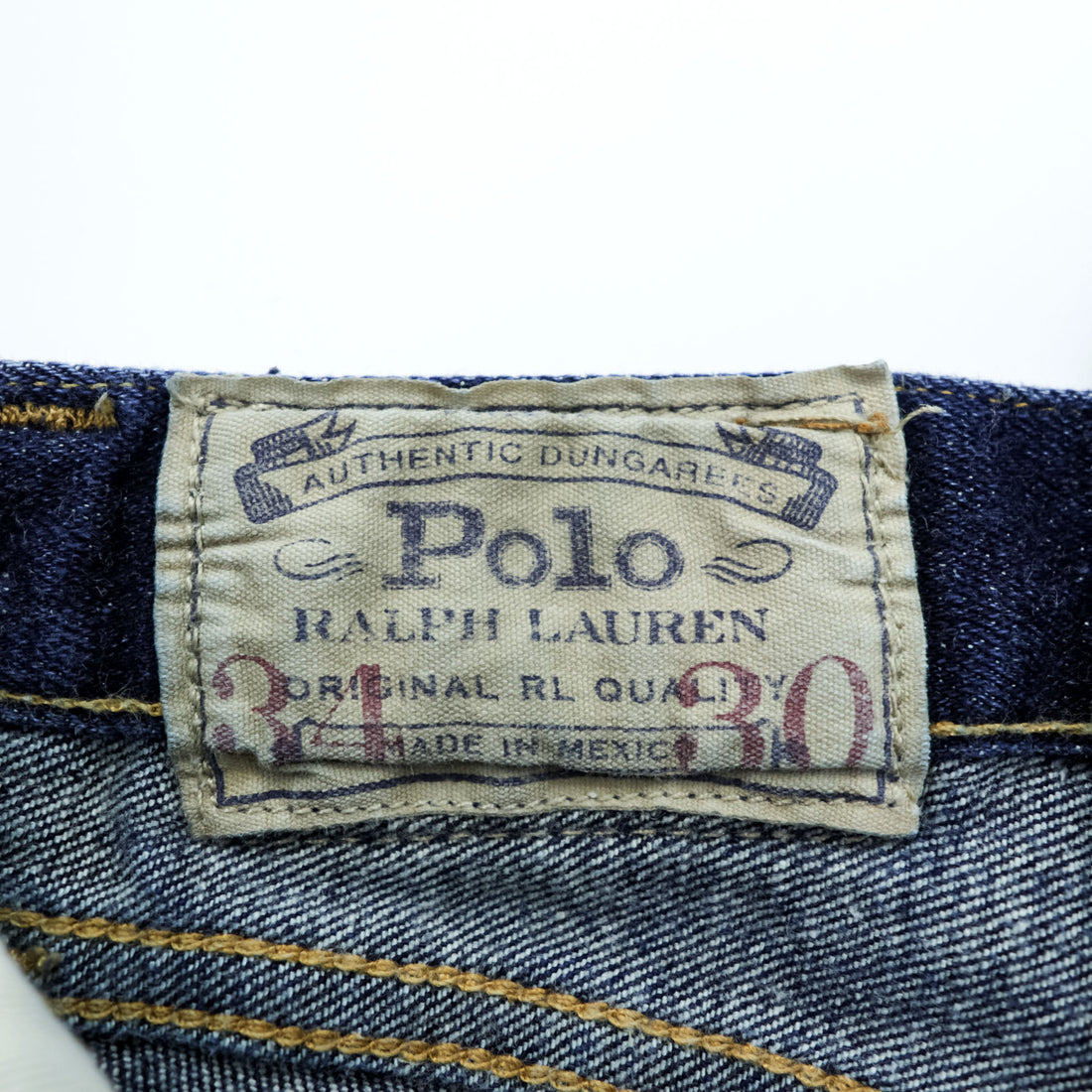 Polo Ralph Lauren Vintage Distressed Straight Denim Jeans L Stretch Indigo Blue Leather Patch VARICK SLIM STRAIGHT