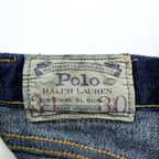 Polo Ralph Lauren Vintage Distressed Straight Denim Jeans L Stretch Indigo Blue Leather Patch VARICK SLIM STRAIGHT