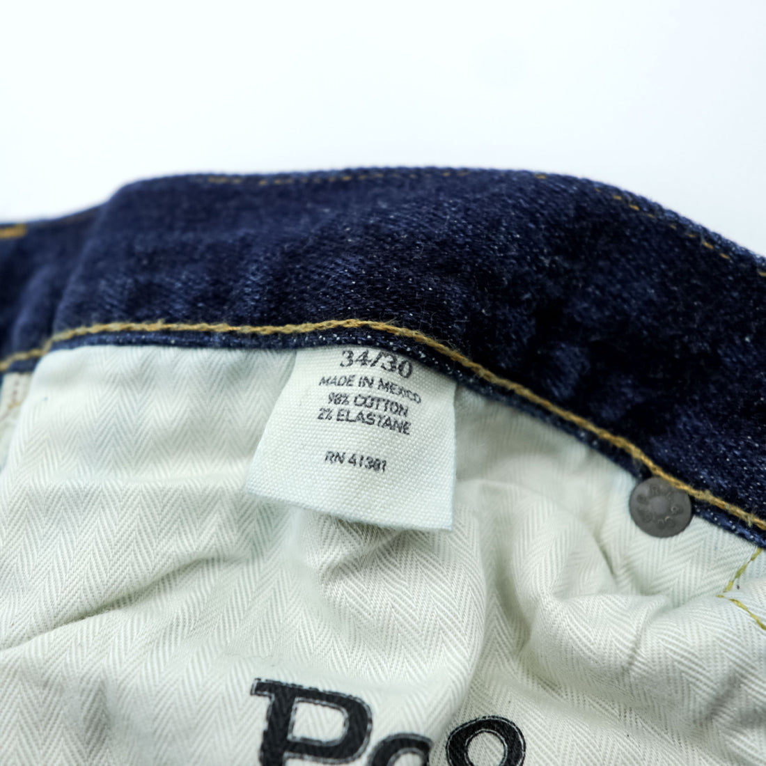 Polo Ralph Lauren Vintage Distressed Straight Denim Jeans L Stretch Indigo Blue Leather Patch VARICK SLIM STRAIGHT