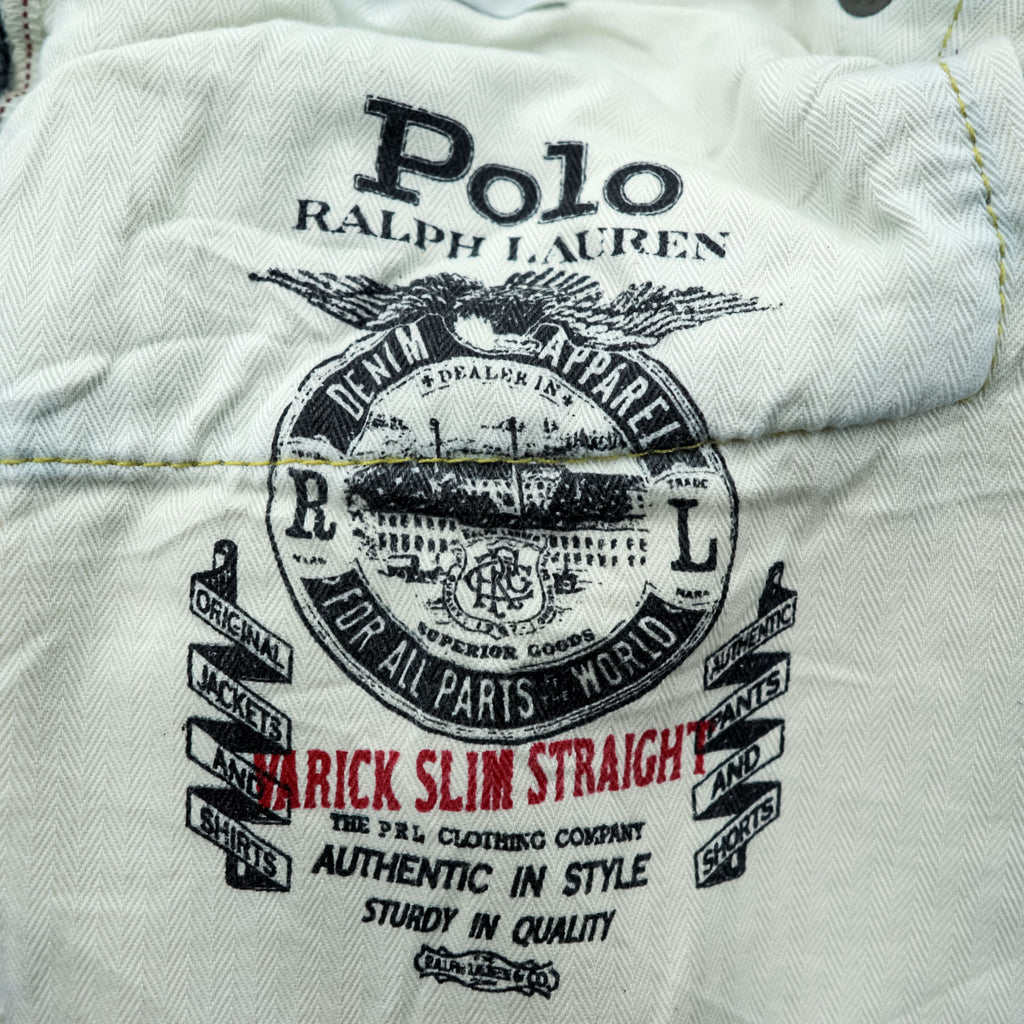 Polo Ralph Lauren Vintage Distressed Straight Denim Jeans L Stretch Indigo Blue Leather Patch VARICK SLIM STRAIGHT