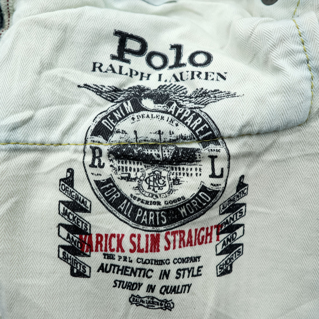 Polo Ralph Lauren Vintage Distressed Straight Denim Jeans L Stretch Indigo Blue Leather Patch VARICK SLIM STRAIGHT