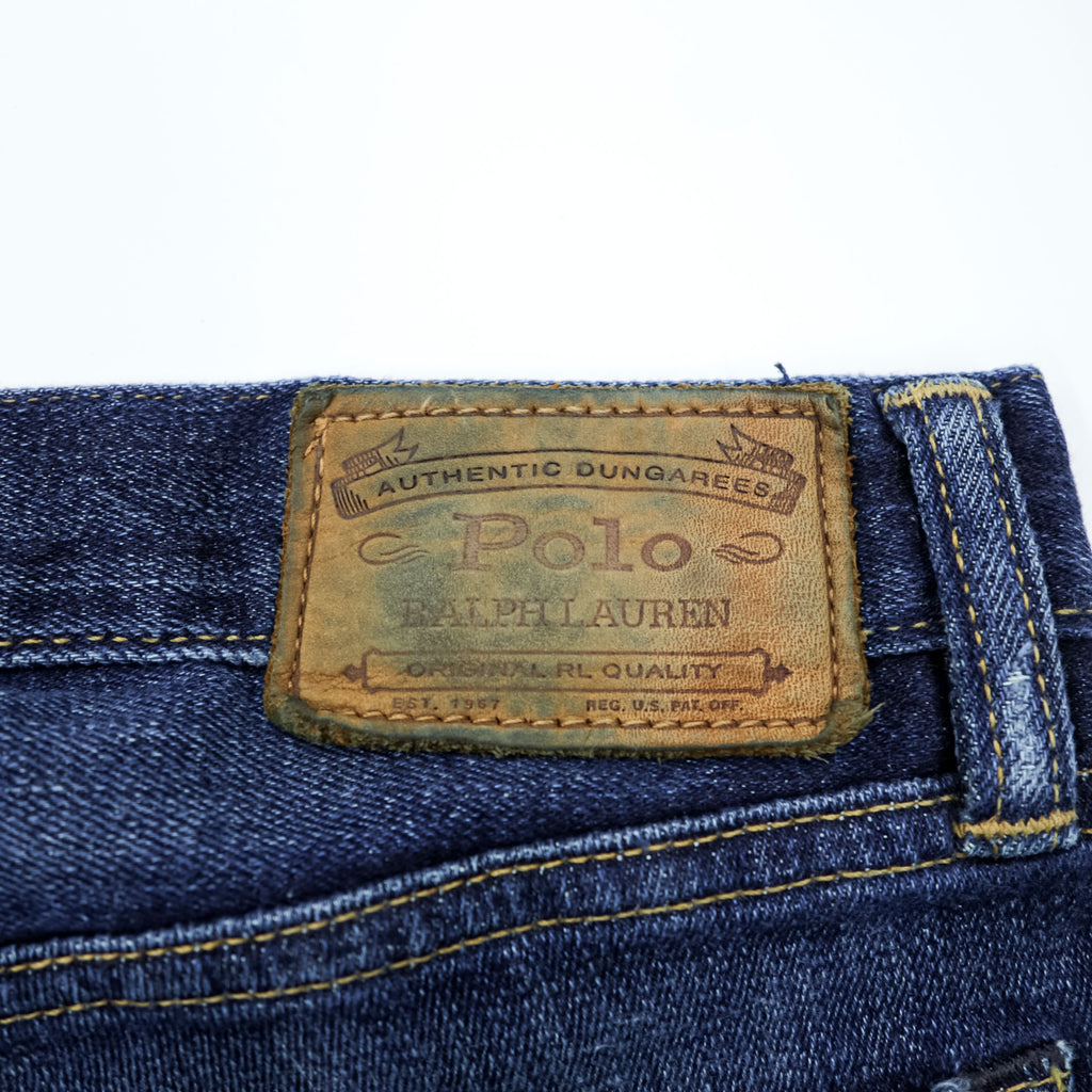 Polo Ralph Lauren Vintage Distressed Straight Denim Jeans L Stretch Indigo Blue Leather Patch VARICK SLIM STRAIGHT