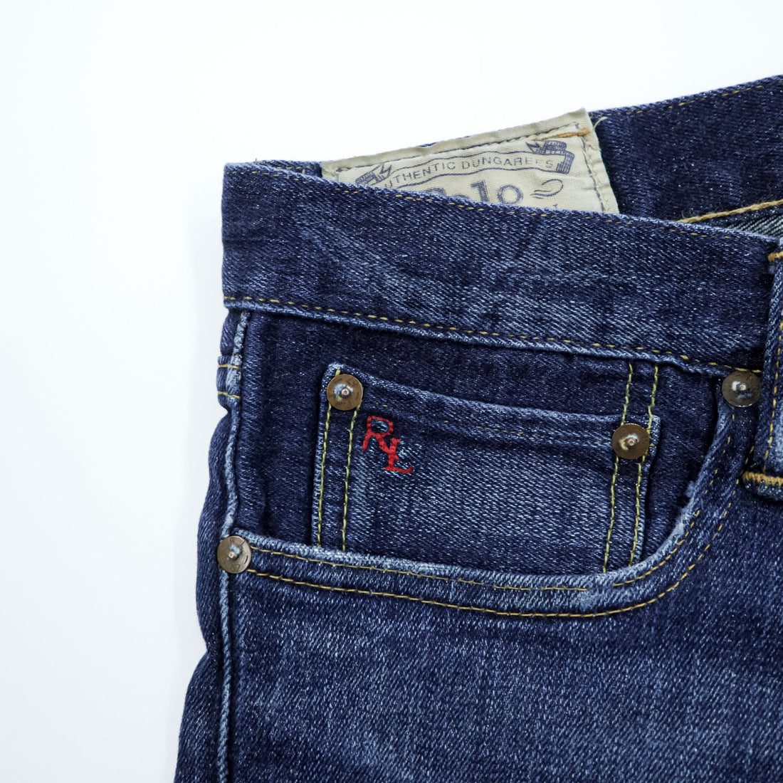 Polo Ralph Lauren Vintage Distressed Straight Denim Jeans L Stretch Indigo Blue Leather Patch VARICK SLIM STRAIGHT