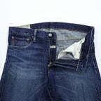 Polo Ralph Lauren Vintage Distressed Straight Denim Jeans L Stretch Indigo Blue Leather Patch VARICK SLIM STRAIGHT