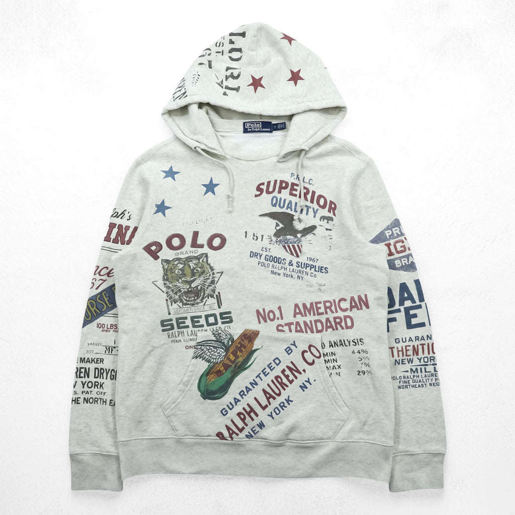 Polo Ralph Lauren ヴィンテージ加工 染み込み プリント 後付け パーカー M グレー 総柄 プルオーバー コットン 飼料袋