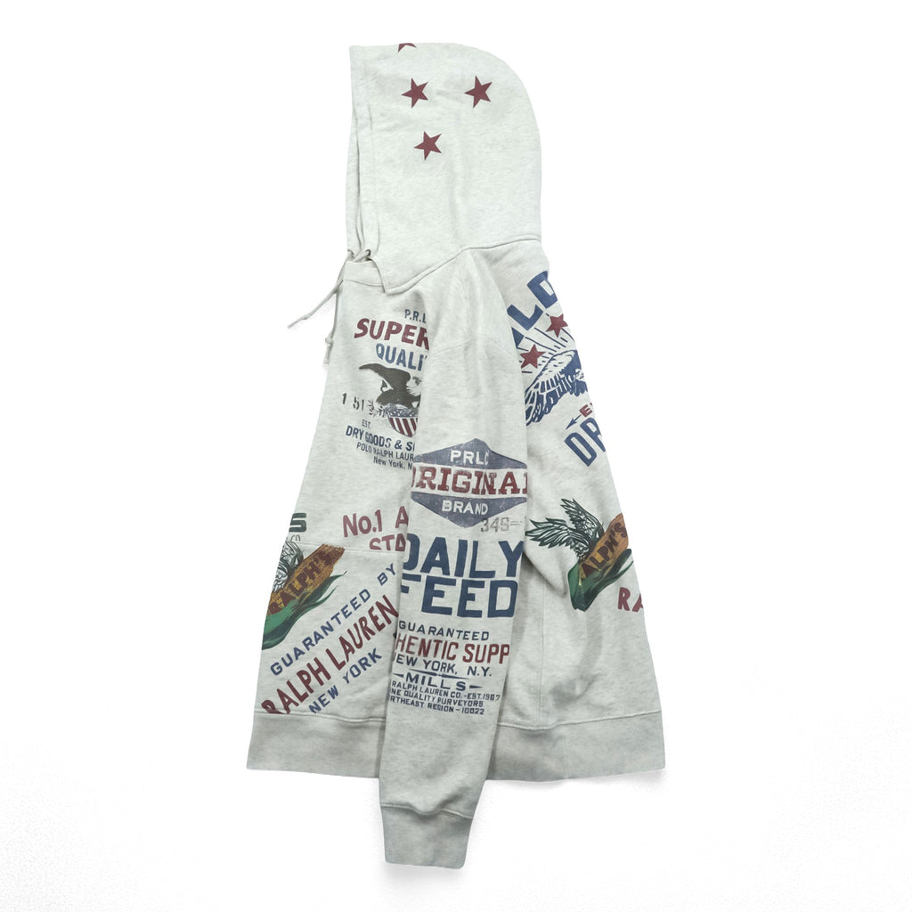 Polo Ralph Lauren ヴィンテージ加工 染み込み プリント 後付け パーカー M グレー 総柄 プルオーバー コットン 飼料袋