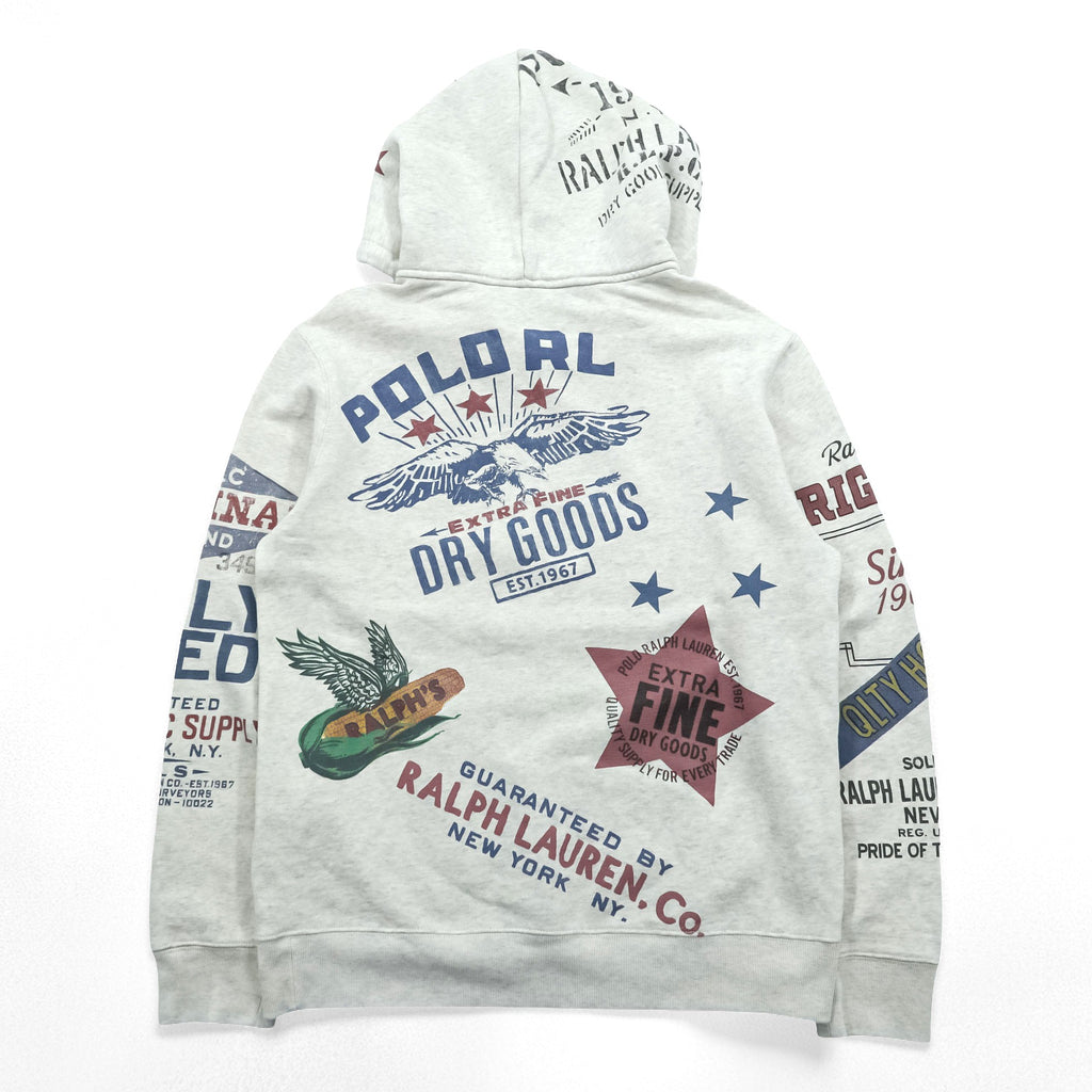 Polo Ralph Lauren ヴィンテージ加工 染み込み プリント 後付け パーカー M グレー 総柄 プルオーバー コットン 飼料袋