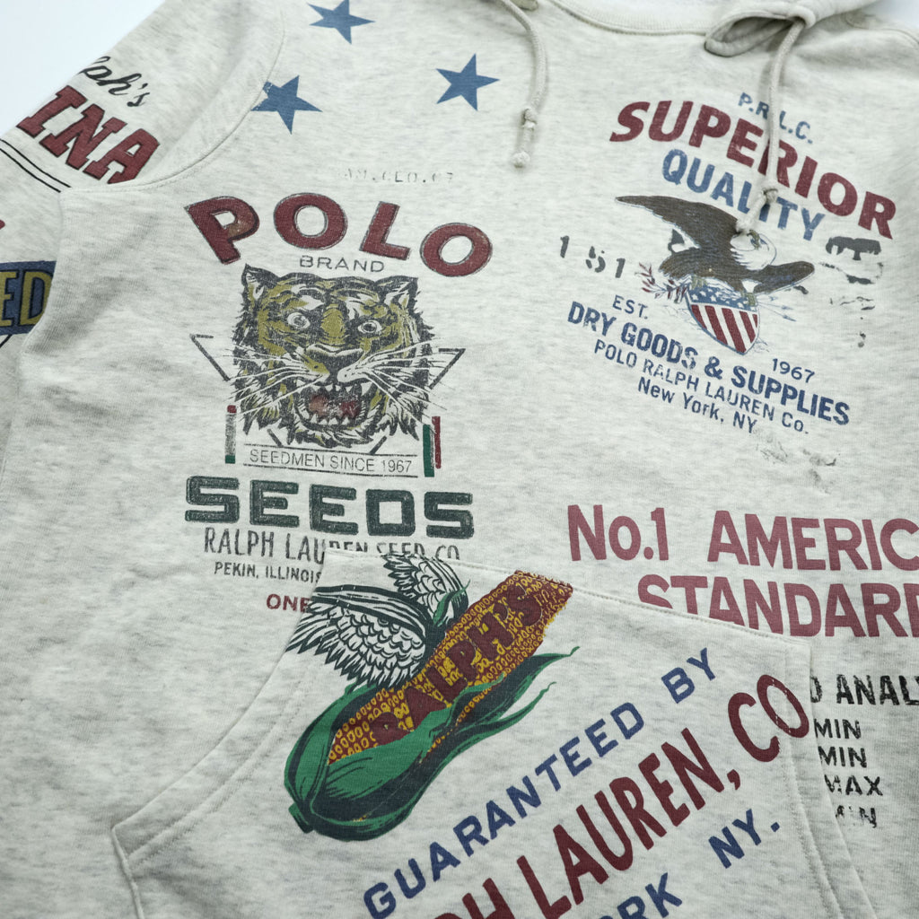 Polo Ralph Lauren ヴィンテージ加工 染み込み プリント 後付け パーカー M グレー 総柄 プルオーバー コットン 飼料袋