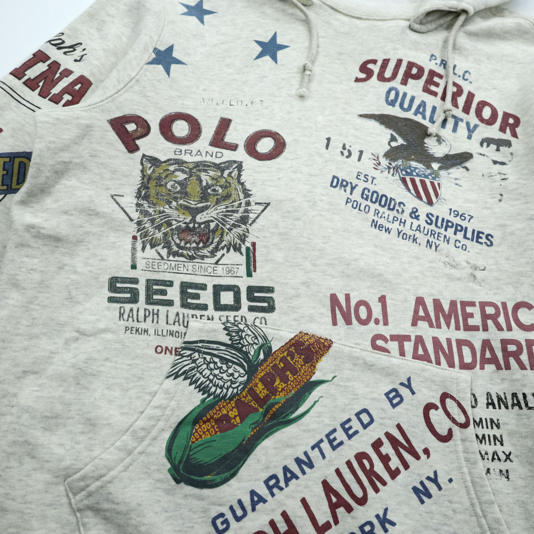 Polo Ralph Lauren ヴィンテージ加工 染み込み プリント 後付け パーカー M グレー 総柄 プルオーバー コットン 飼料袋